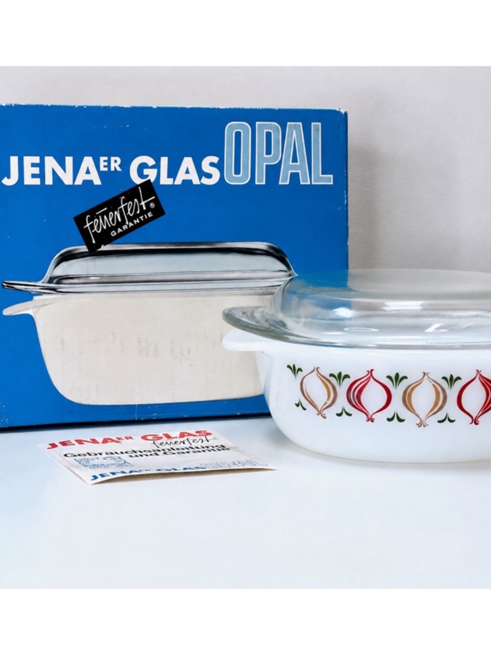 Schott Mainz Jena Glas Opal Onion Casserole Lid Vintage Germany 1960s w/ Box